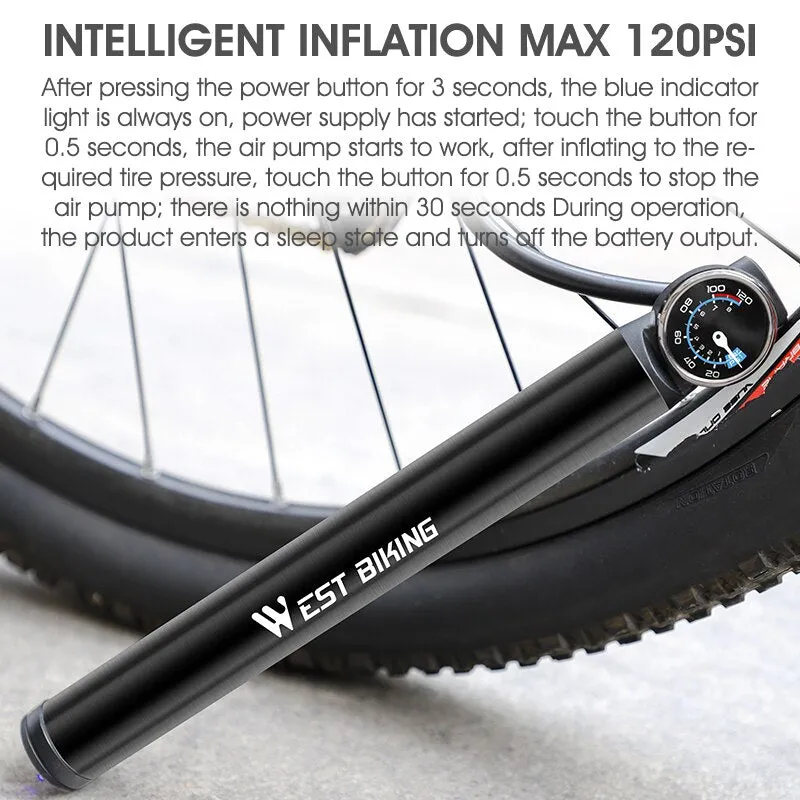 12.8V 120PSI Smart Electric Bicycle Pump With Hose Pressure Gauge USB Rechargeable MTB Road Bike Tire Air Pump Cycling Inflator