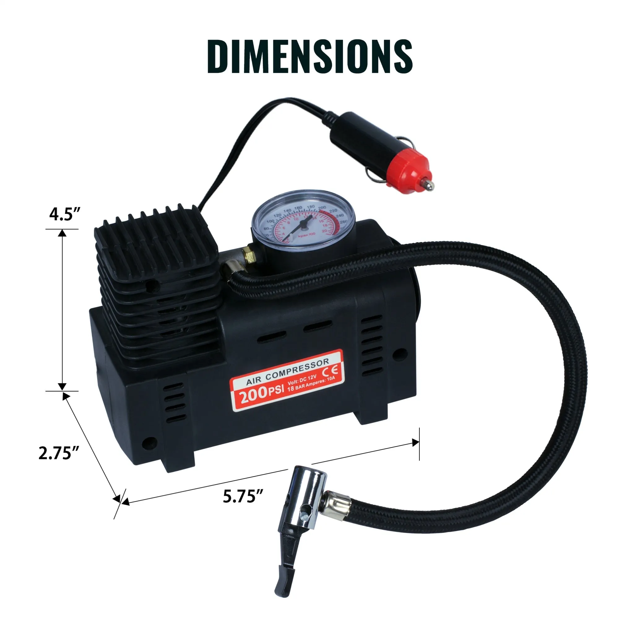 Koolatron 12V 4 in 1 Air Compressor Pump w/ Pressure Gauge, Portable Tire Inflator, 3 Nozzle Adapters with Sports Needle, Black, for Bicycle, Car, Air Mattress, Sports Equipment, Balls, Pool Toys