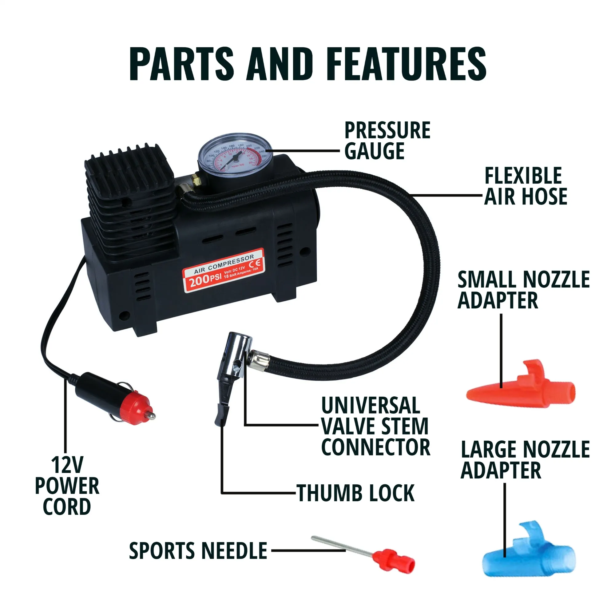 Koolatron 12V 4 in 1 Air Compressor Pump w/ Pressure Gauge, Portable Tire Inflator, 3 Nozzle Adapters with Sports Needle, Black, for Bicycle, Car, Air Mattress, Sports Equipment, Balls, Pool Toys