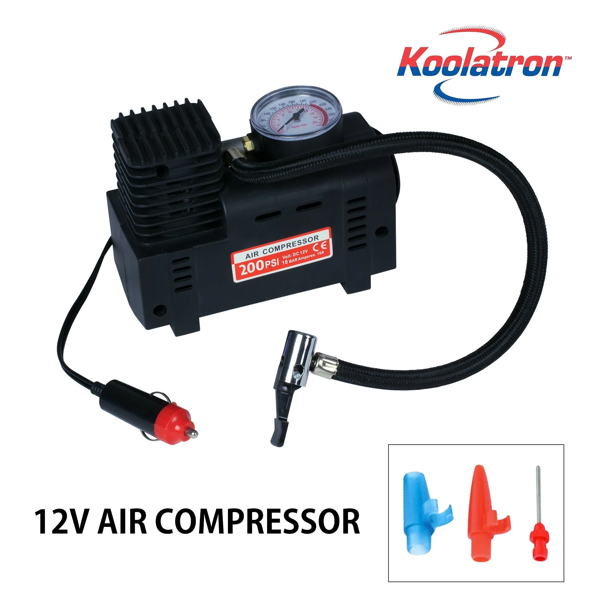 Koolatron 12V 4 in 1 Air Compressor Pump w/ Pressure Gauge, Portable Tire Inflator, 3 Nozzle Adapters with Sports Needle, Black, for Bicycle, Car, Air Mattress, Sports Equipment, Balls, Pool Toys