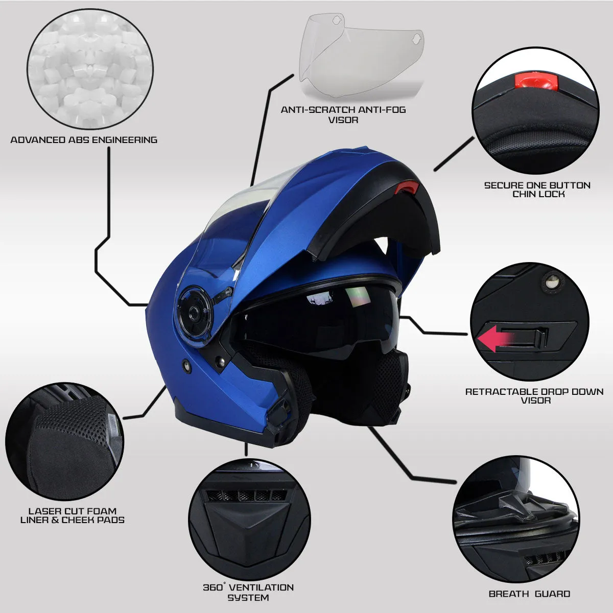 Milwaukee Helmets MPH9818DOT 'Breeze' Blue Advanced Motorcycle Modular Helmet for Men and Women Biker w/ Drop Down Visor