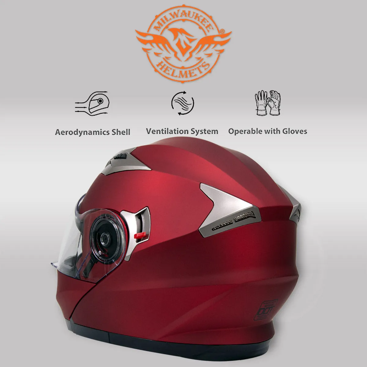 Milwaukee Helmets MPH9826DOT 'Ionized' Flat Red Advanced Motorcycle Modular Helmet w/ Drop Down Visor