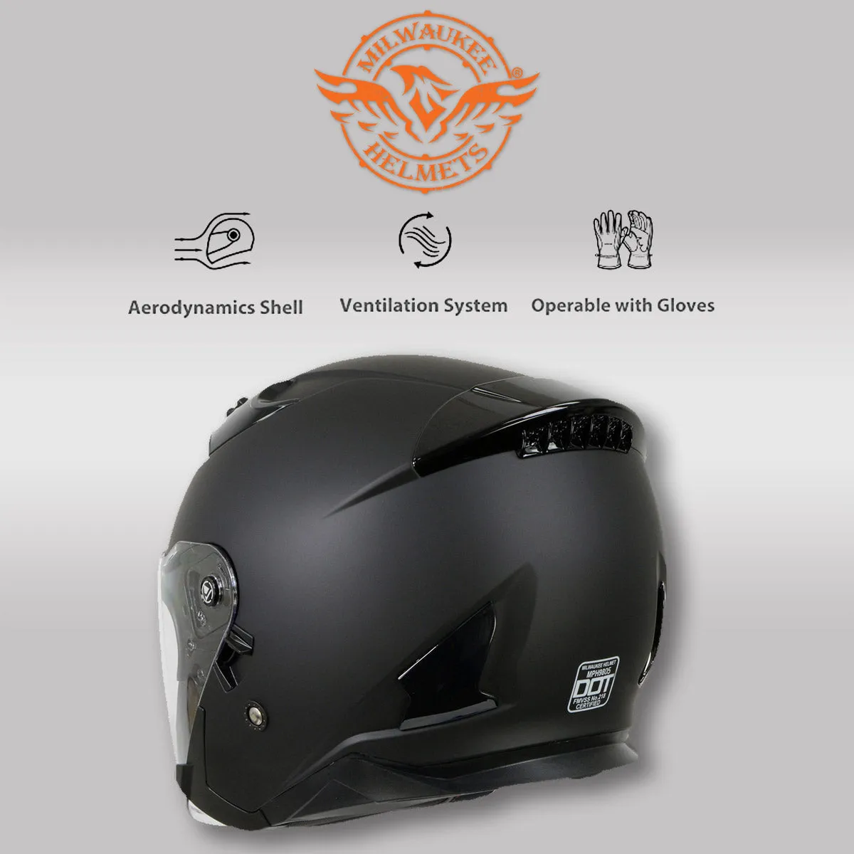 Milwaukee Performance Helmets MPH9805DOT 'Shift' Open Face 3/4 Matte Black Helmet for Men and Women Biker with Drop Down Tinted Visor